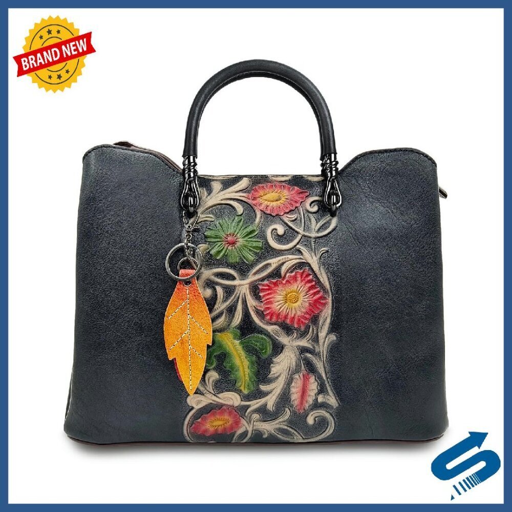 Genuine Leather Crossbody Bag with Floral Embossing, 3 Compartments